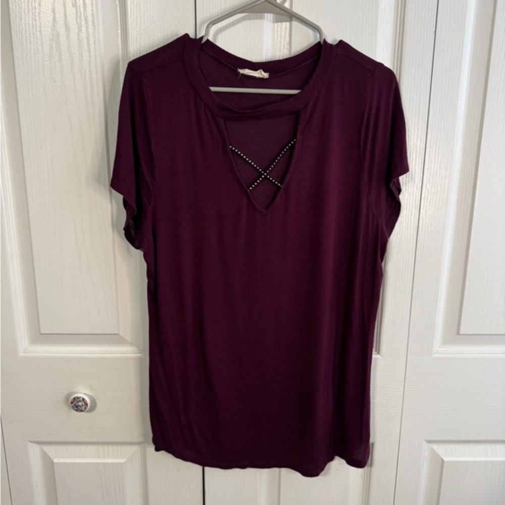 French Pastry Purple Rhinestone Keyhole Short Sleeve Blouse Women's Size 3XL